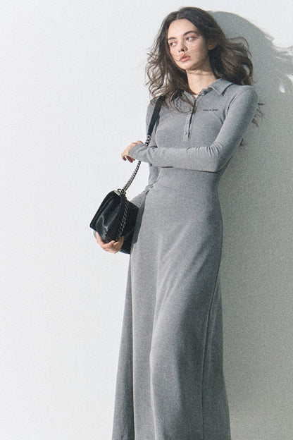 OAKMOO "Wind Direction" College Shirt Collar Knit Dress Women's Fall Winter Long Sleeve Inner Skirt