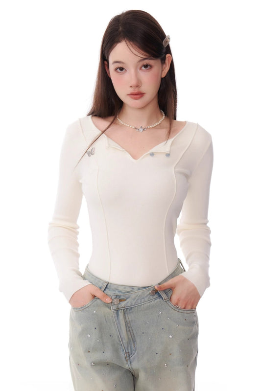 Retro Metal Butterfly Slim Knitted Top