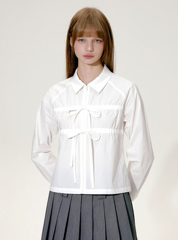 Shirred Bow Lace Shirt