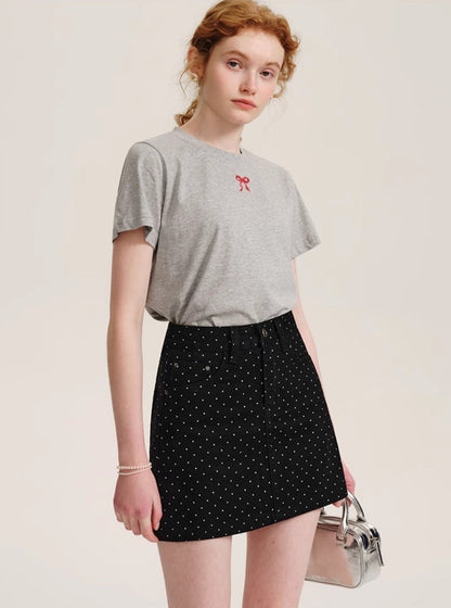 Polka Dot Denim A-Line Skirt