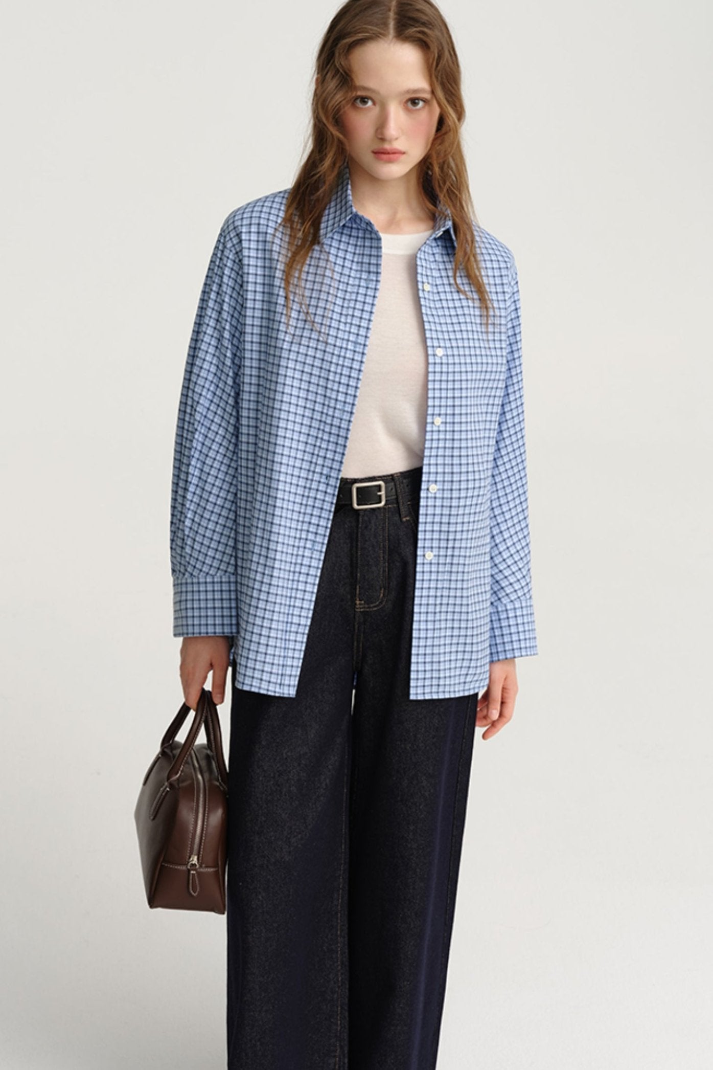 DESIGNER PLUS BLAU KARIERTES MIU HEMD PRE-FALL 2024 LAZY RETRO BAUMWOLLHEMD