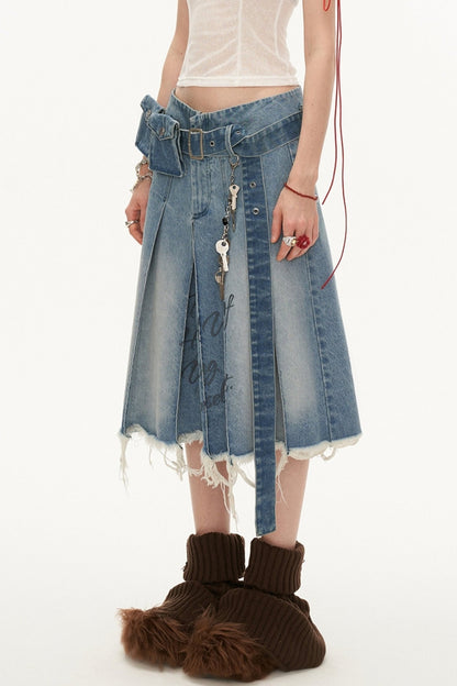 Vintage Belt Bag Decorated PLEATED DENIM SKIRT