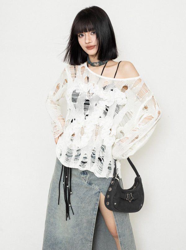 Off-Shoulder Mesh Knit Top