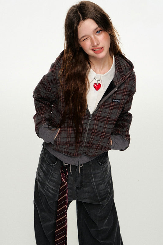 Plaid Hooded Cardigan Sweatshirt Zip Up Jacket