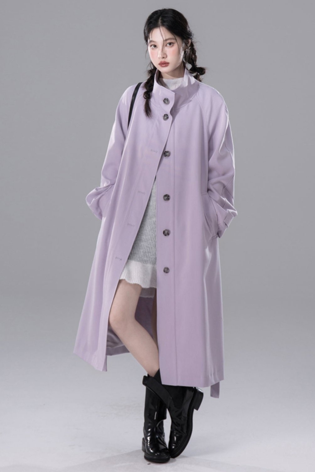 Lilac Khaki Chimney Neck Trench Coat