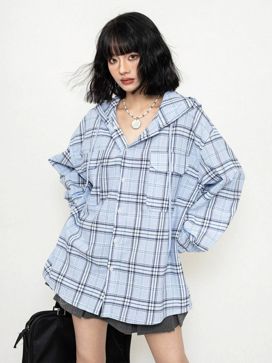 Plaid Casual Hooded Long Sleeve Unisex Shirt