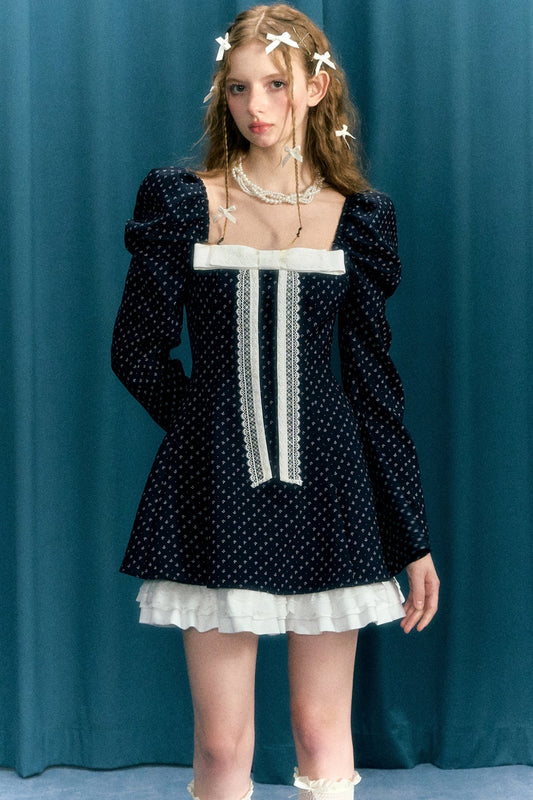 Narrator original design navy blue polka dot bow puff sleeves long sleeves square neck waist dress girly