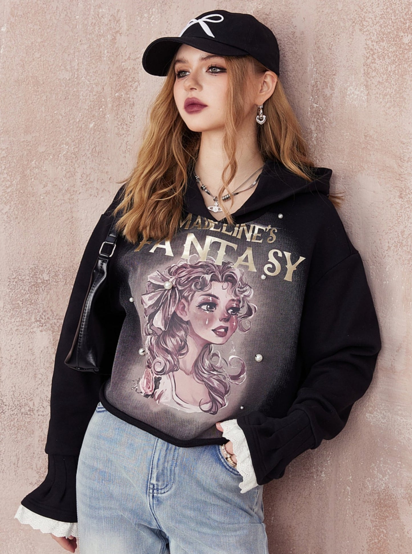 Stitching Print Black Hoodie Top