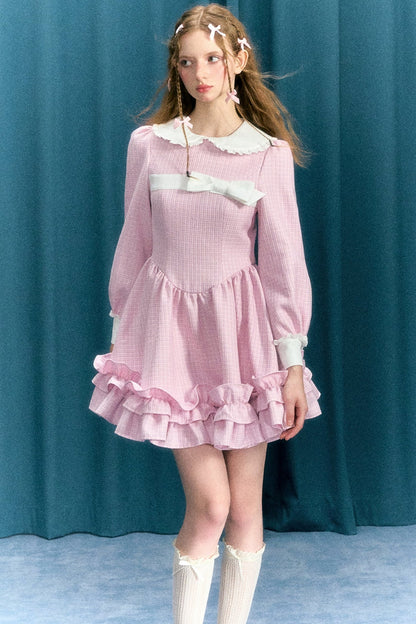 Pink Check Puff Sleeve Princess Dress