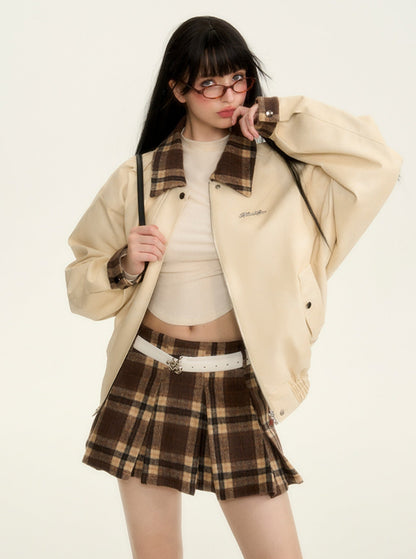 American paneled baseball leather jacket skirt set-up