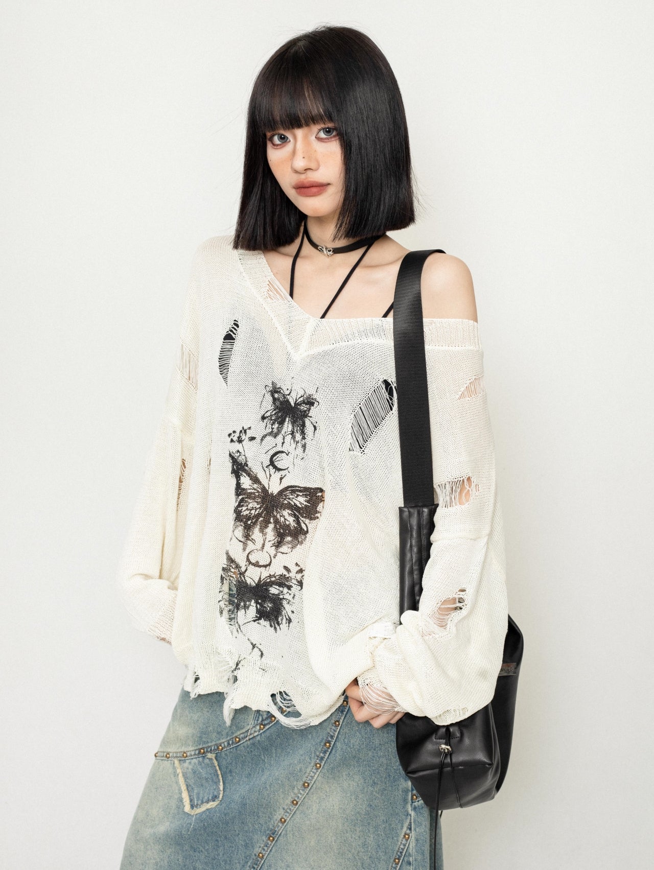 Mesh Cut-Out Butterfly Sweater Top