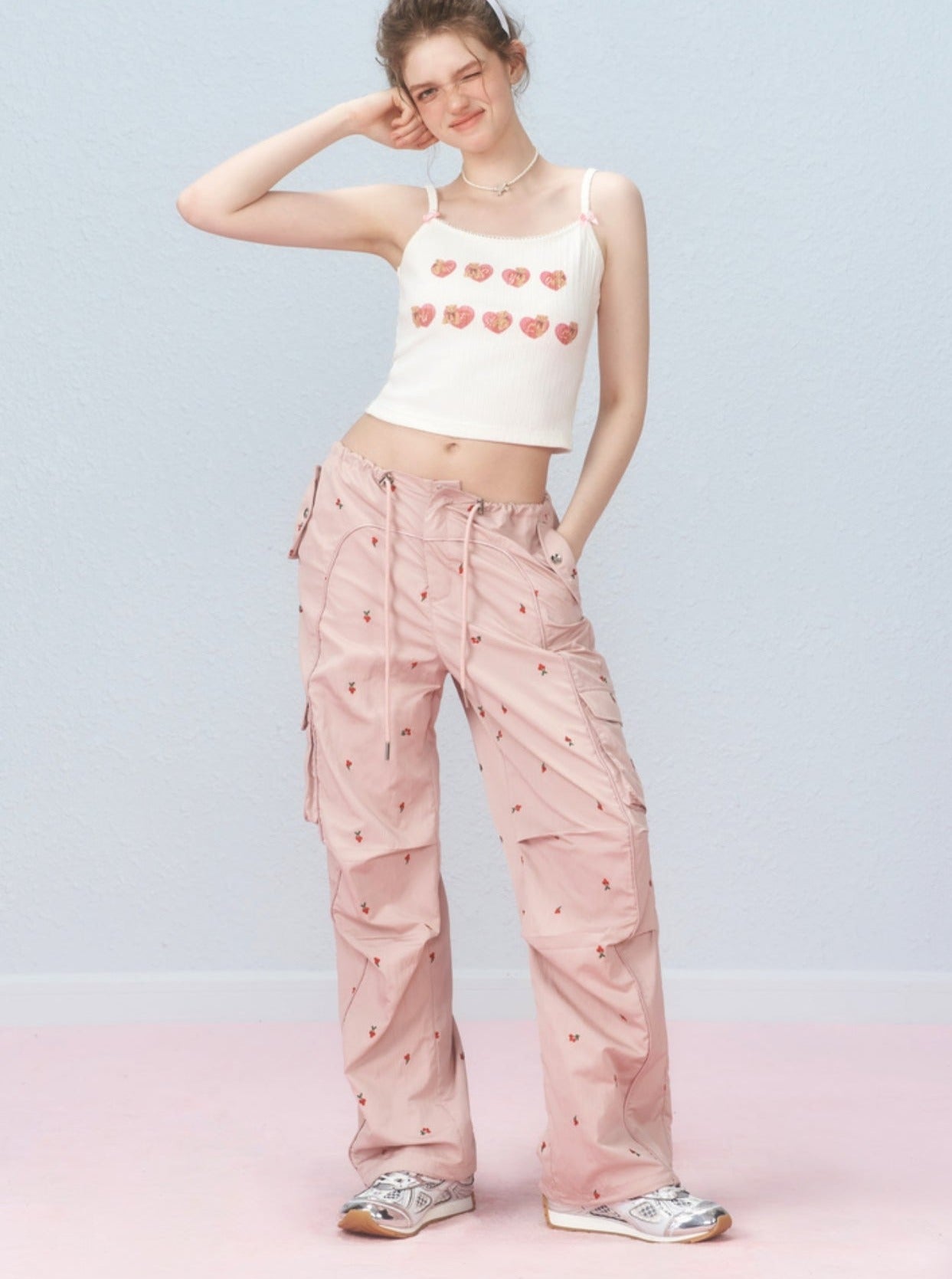 Cherry embroidered cargo pants