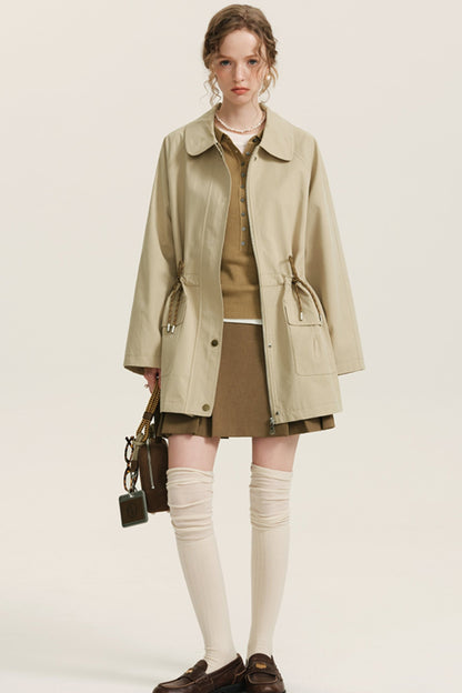 Khaki Midi Drawstring Trench Coat