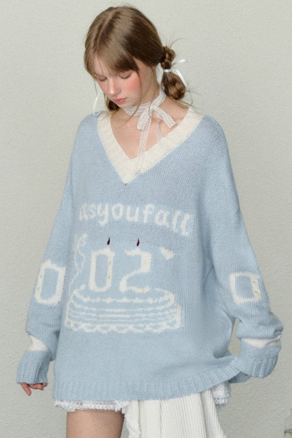 AYF Digital Candle Cake Jacquard Sweater Original design sense vintage V-neck knitted slouchy style long-sleeved sweater