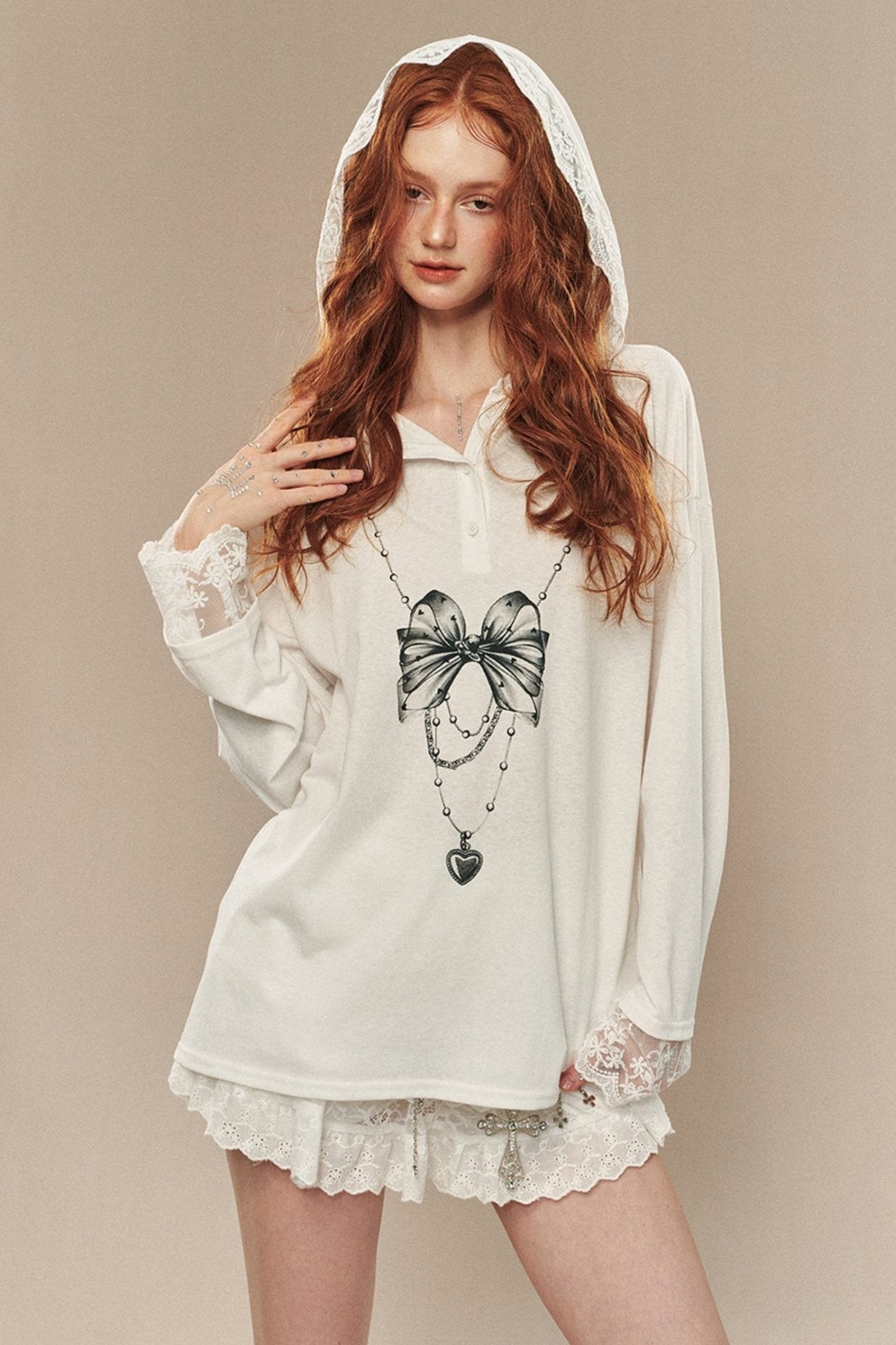 Lace Spliced Hooded Sweatshirt