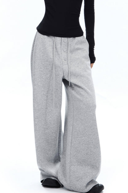 APEA American Retro Fake Placket Black Grey Straight Leg Sweatpants Women's Elasticated Waist Drawstring Loose Wide Leg Casual Pants