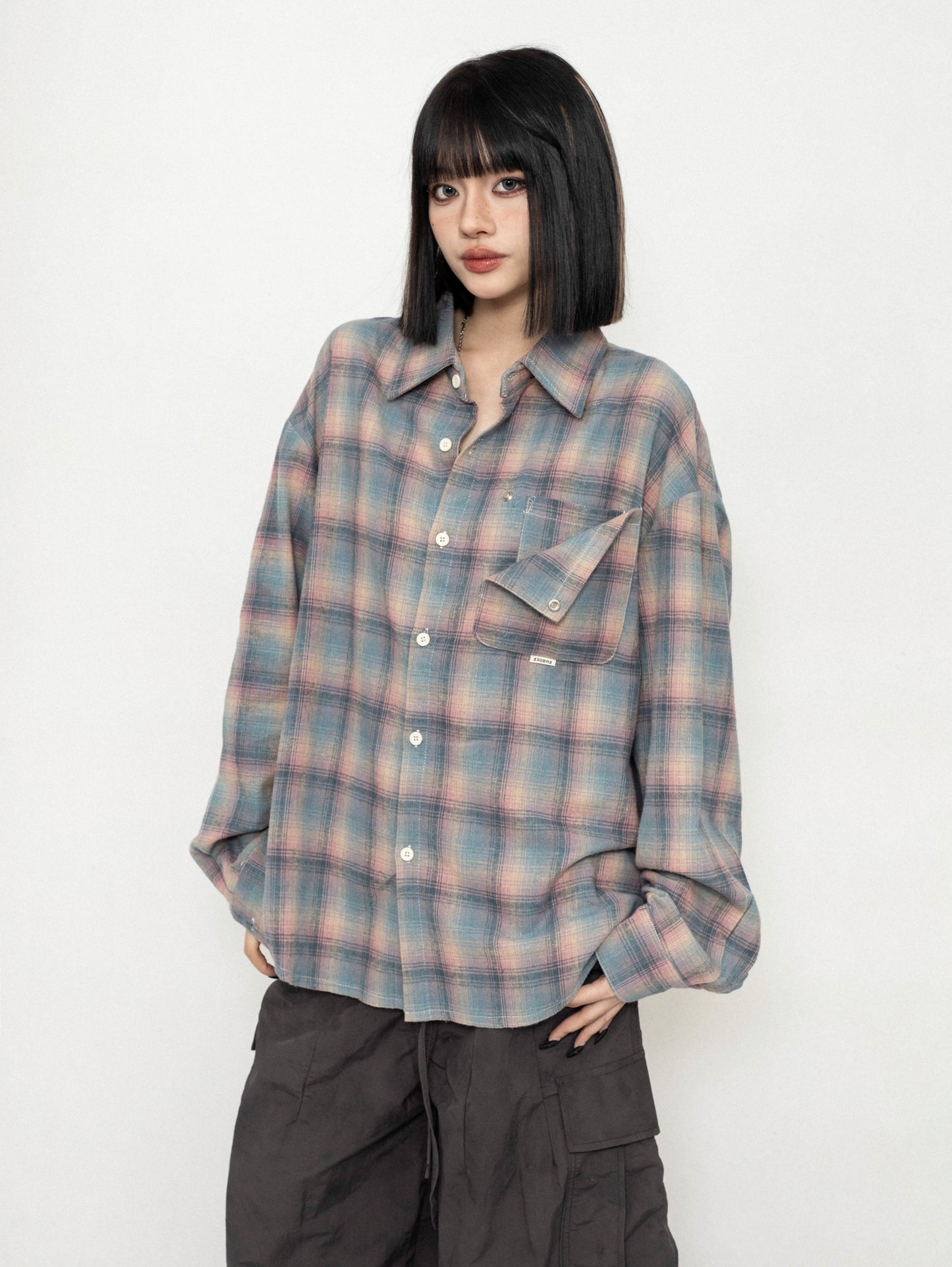 Plaid Color-Blocking Long-Sleeve Shirt