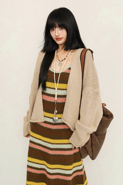 OCTTFLAB American Retro Autumn/Winter Striped Knitted Suspenders Worn Thin Slim Fit Hot Girl Sweater Long Skirt Woman