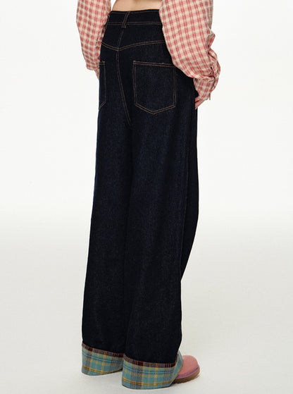 CyNi vintage plaid panels, basic jeans, pants, wide-leg pants, straight-leg pants, mopping casual and relaxed Hong Kong style