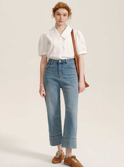 7.8 auf der neuen 85% off hellblau High-Waisted Straight-Leg-Jeans, kleine Leute schauen dünn und schmal, abgeschnitten Rohr Baguette Hosen