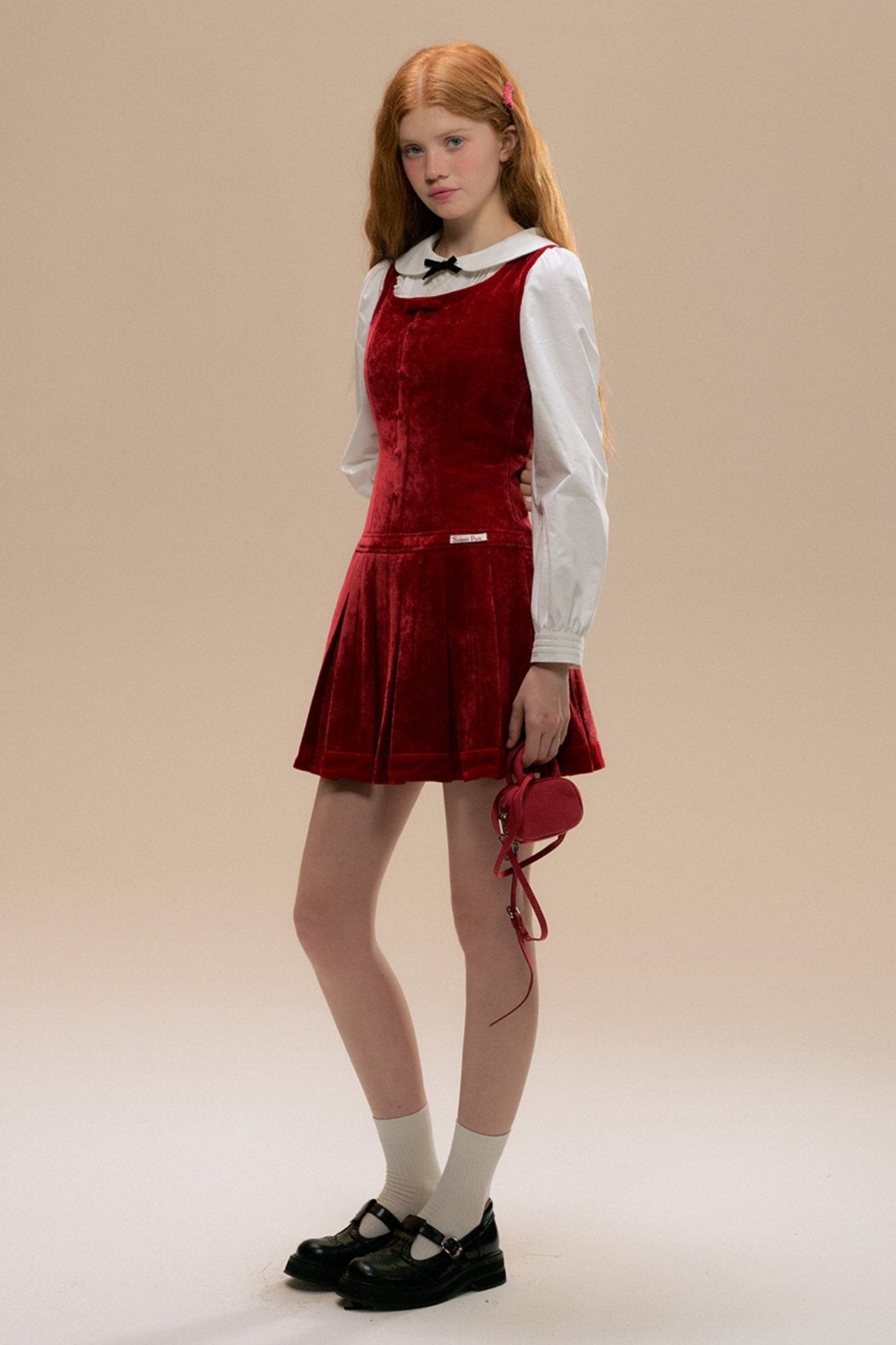 Red Velvet Pleated Dress