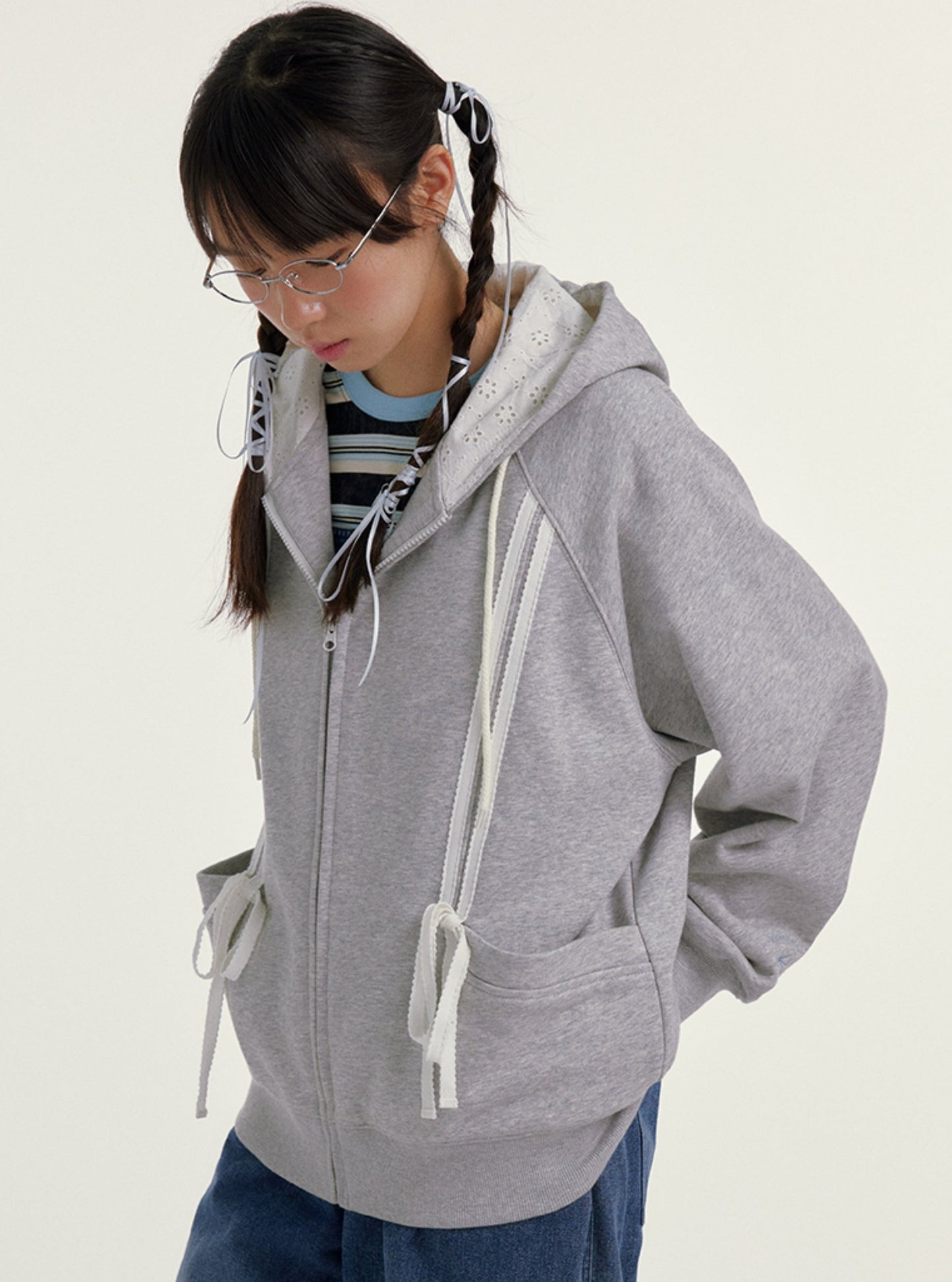 Embroidered Bow Hooded Knit Jacket