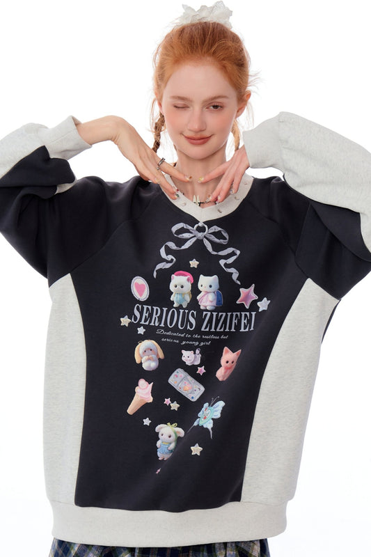 ziziFei autumn and winter new American design sense this year popular cute print sporty loose sweatshirt women