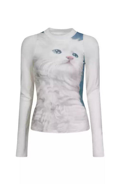 Cat Print Mesh Cropped T-Shirt