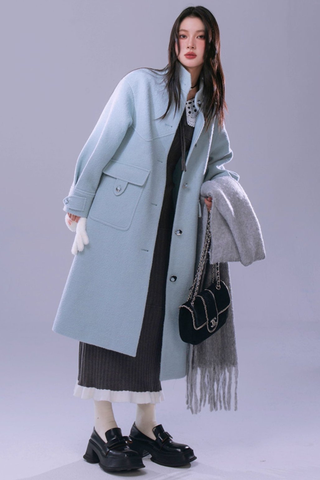 Blue Waxy Wool Long Coat