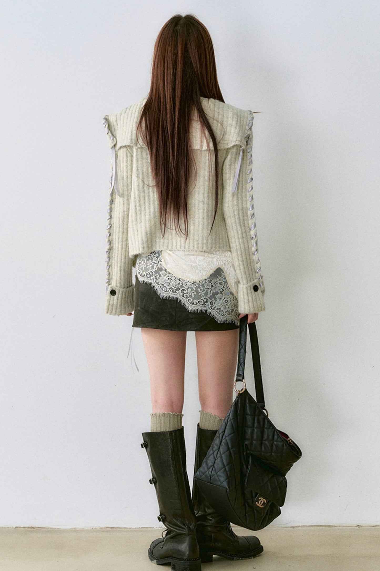 Lace Panel Sweater Jacket with Contrasting Knit Cardigan Vest