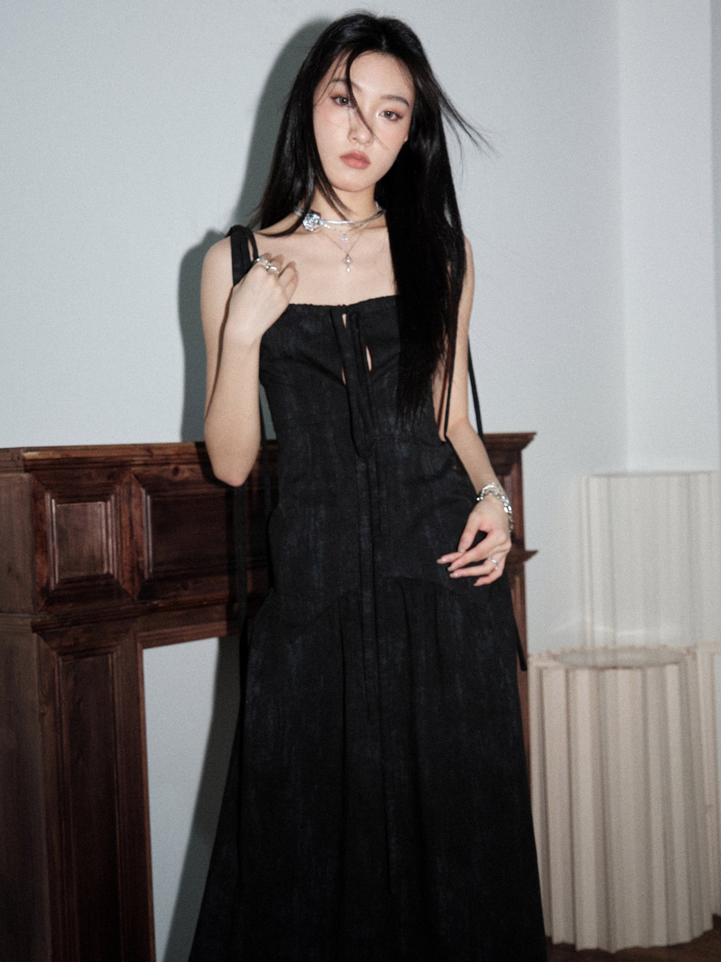 Dark Elegant Hollow Tie Maxi Dress