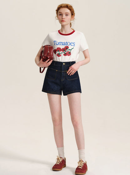 Fruit Letter Print Combed Cotton T-Shirt