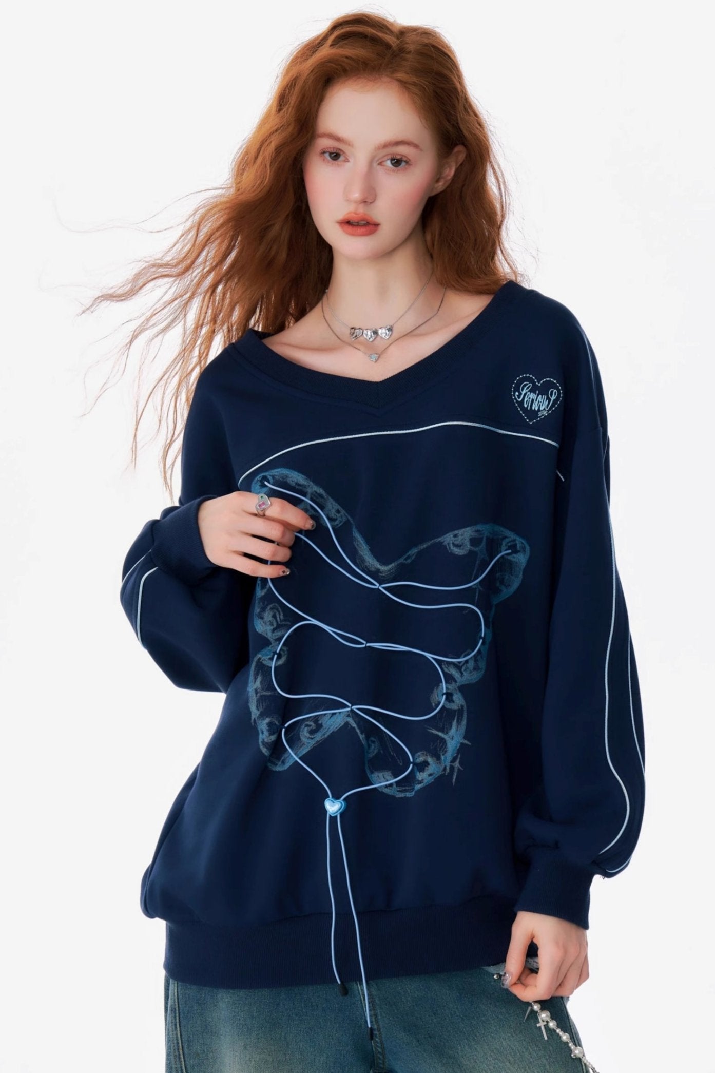 Retro Sporty V-Neck Butterfly Sweatshirt