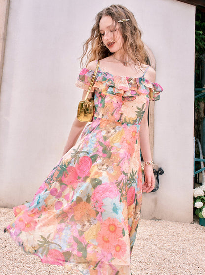 Shoulder Floral Slip Dress