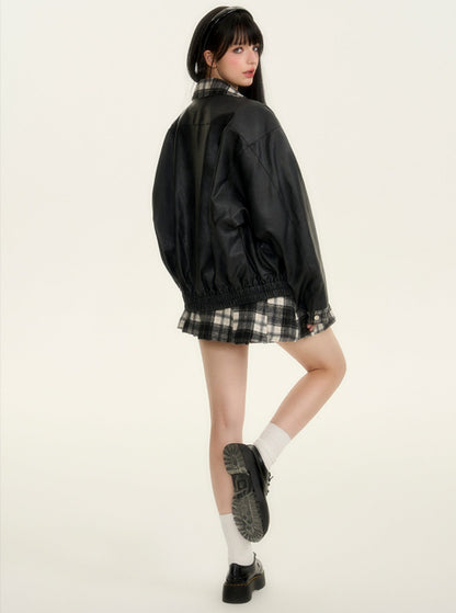 American paneled baseball leather jacket skirt set-up