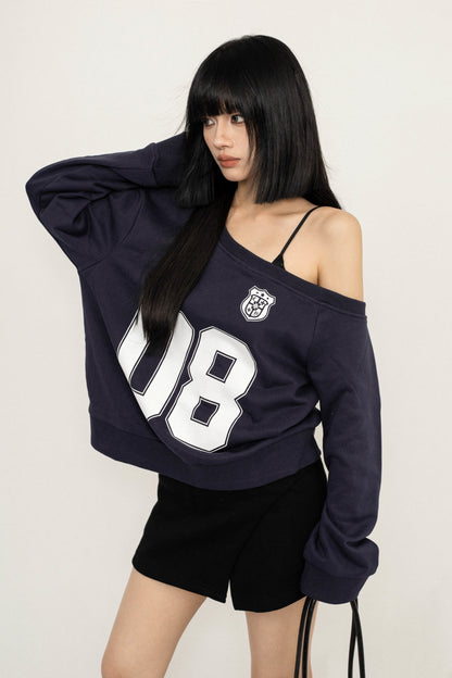 Retro Off-Shoulder Alphabet Sweatshirt