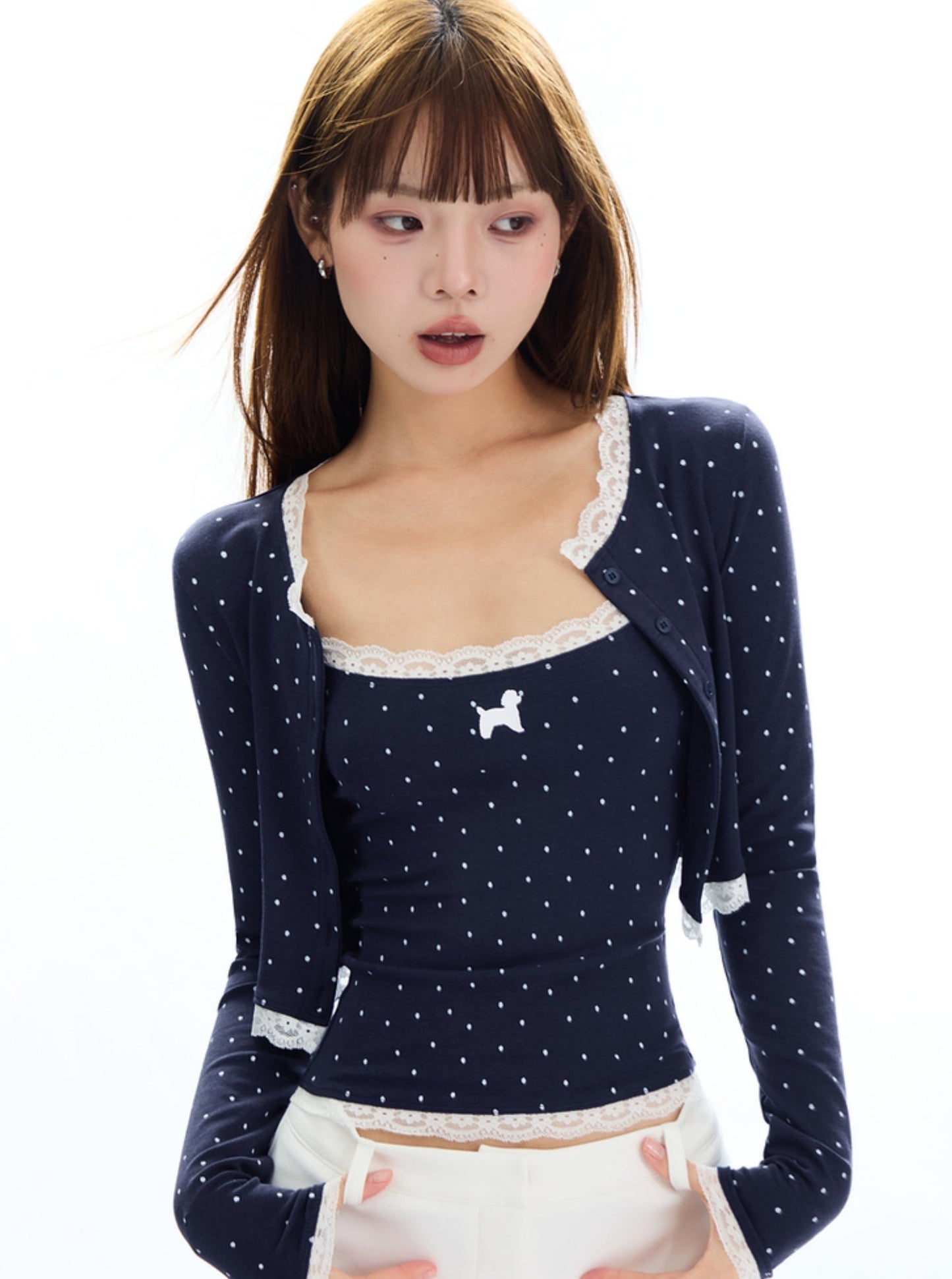 APEA Polka Dot Welpen Silhouette Druck reinen Wunsch Camisole Herbst kurze lange Ärmel Strickjacke Top zweiteilige Set für Frauen