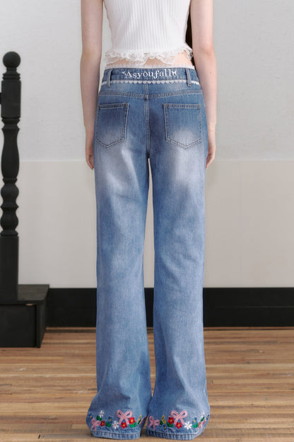 French Retro Embroidered Slim Jeans