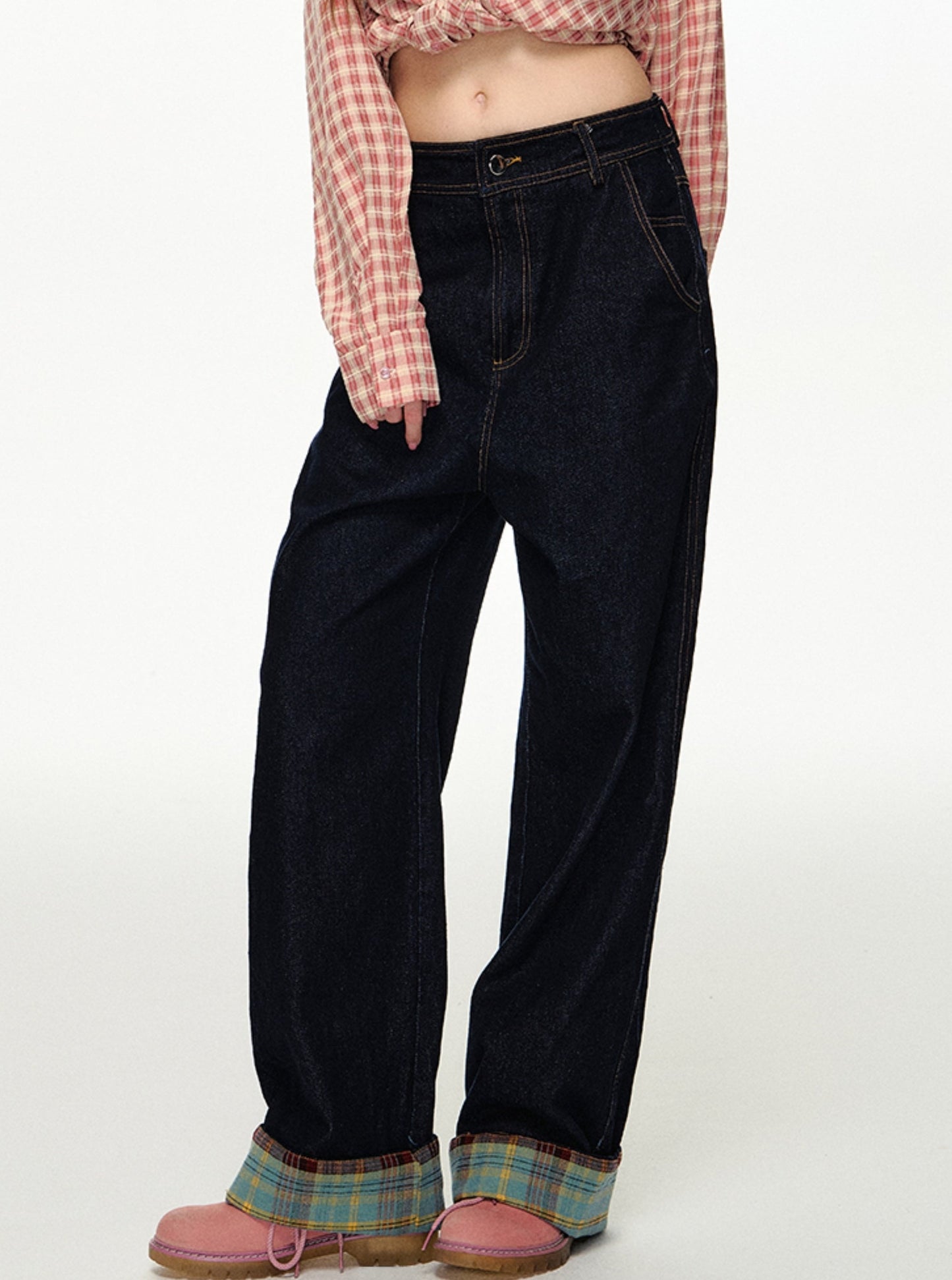 CyNi vintage plaid panels, basic jeans, pants, wide-leg pants, straight-leg pants, mopping casual and relaxed Hong Kong style