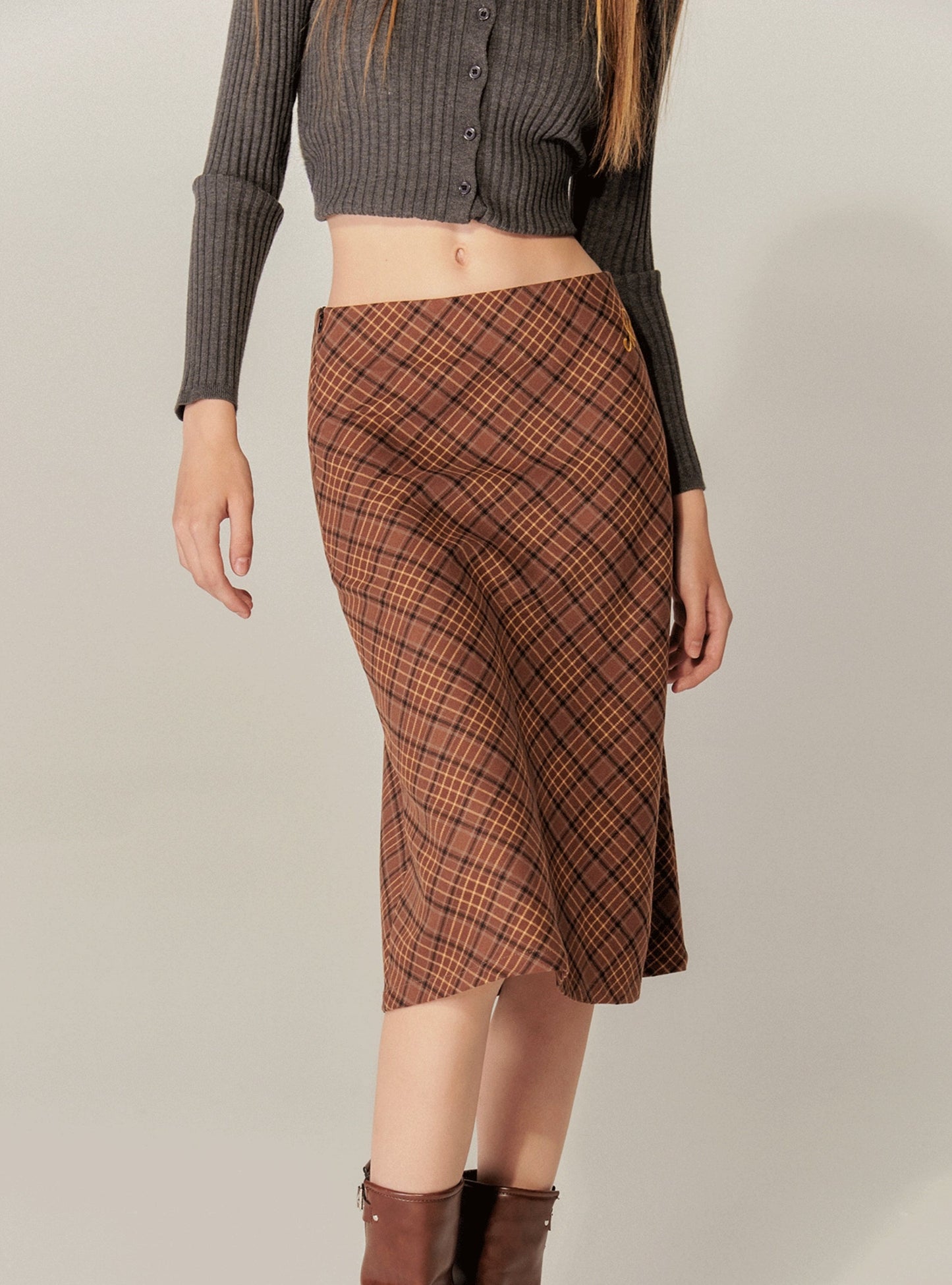 Checked A-Line Hip Midi Skirt