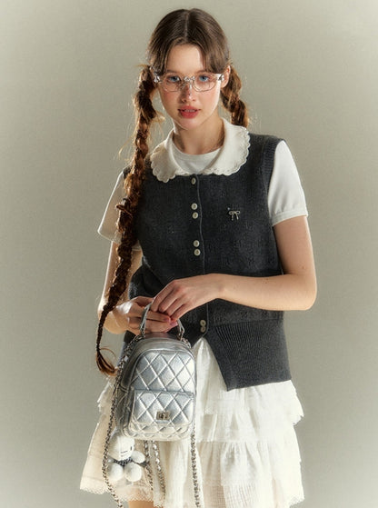 College Doll Neck Knitted Sweater Vest Top