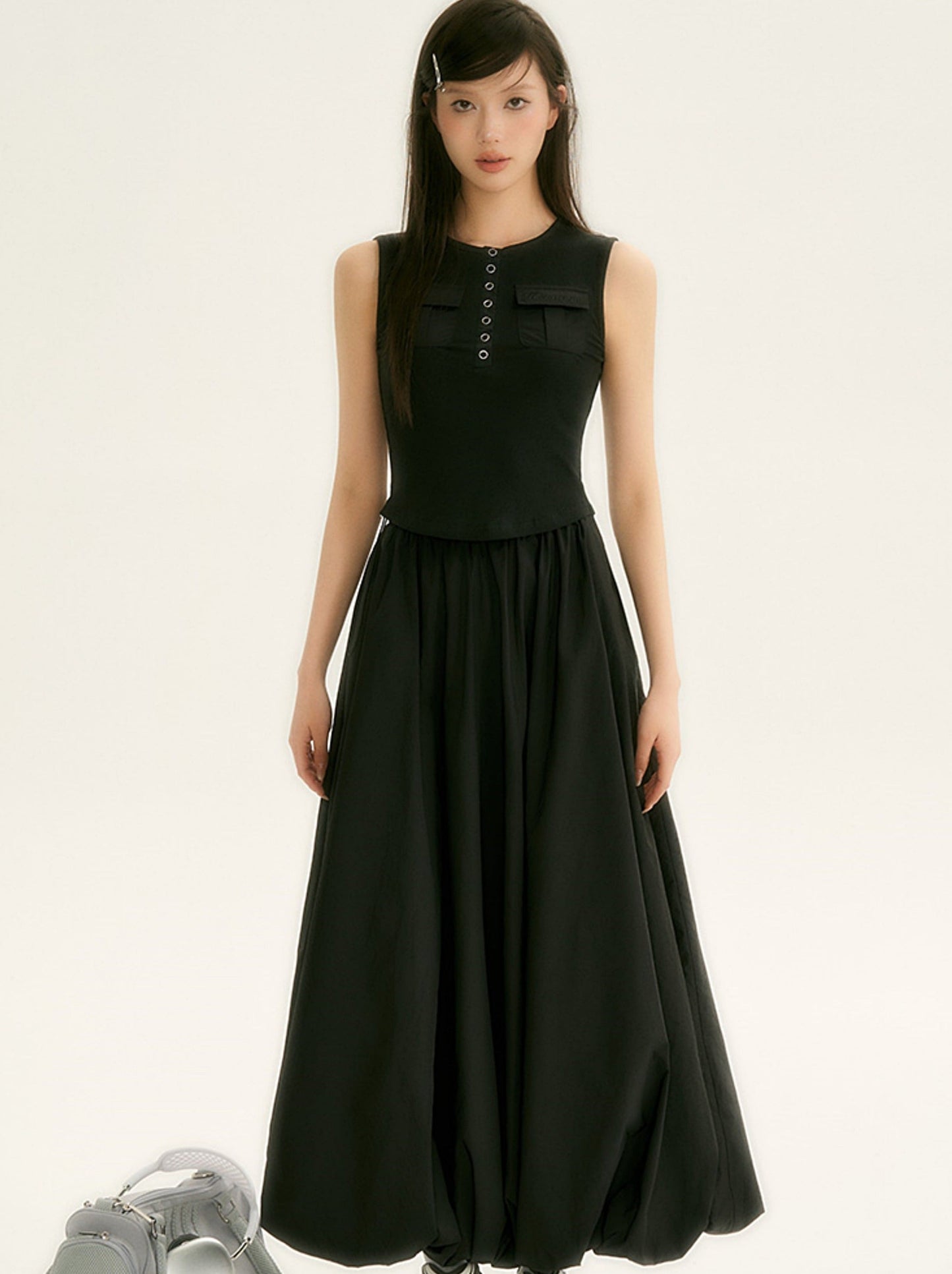 Sleeveless Top Long Balloon Skirt Two-Piece Set