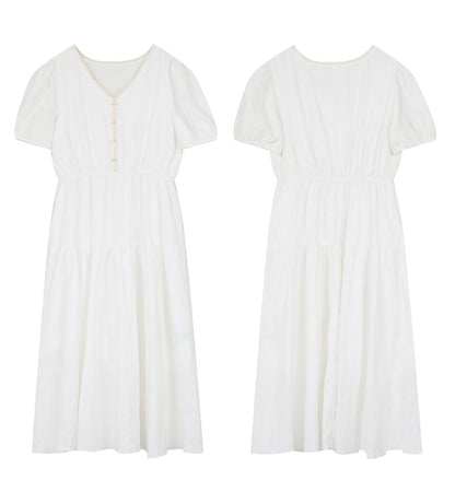 French Drape White Short Sleeve Dress