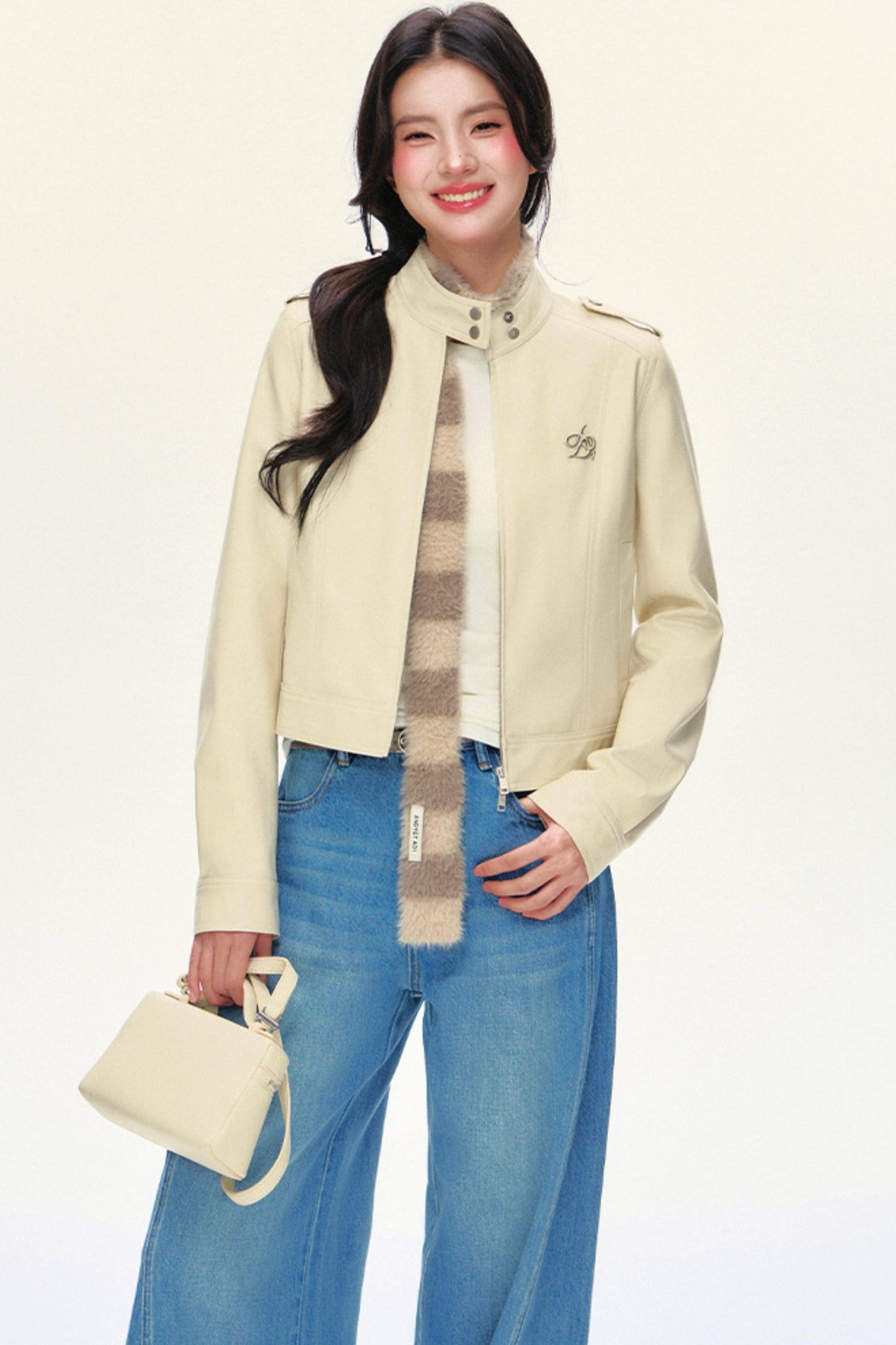 크롭 바이커 PU 가죽 재킷 