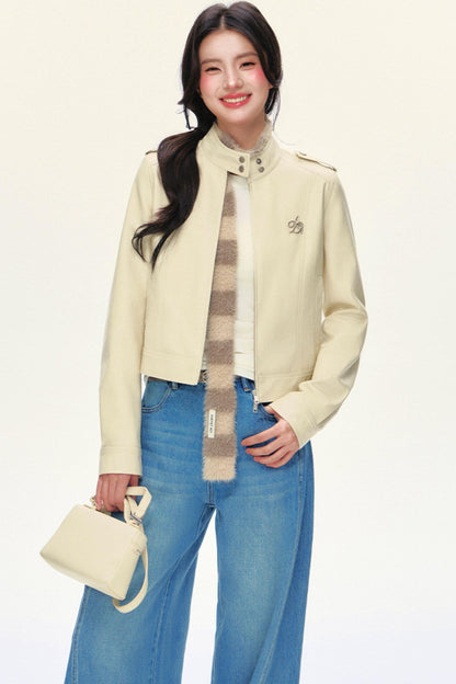 크롭 바이커 PU 가죽 재킷 