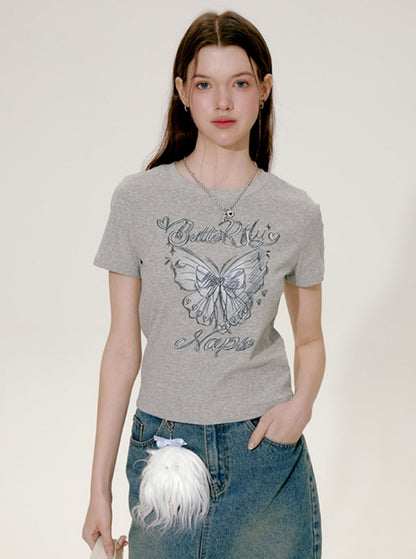 Original Hand Drawn Butterfly Print Short Top