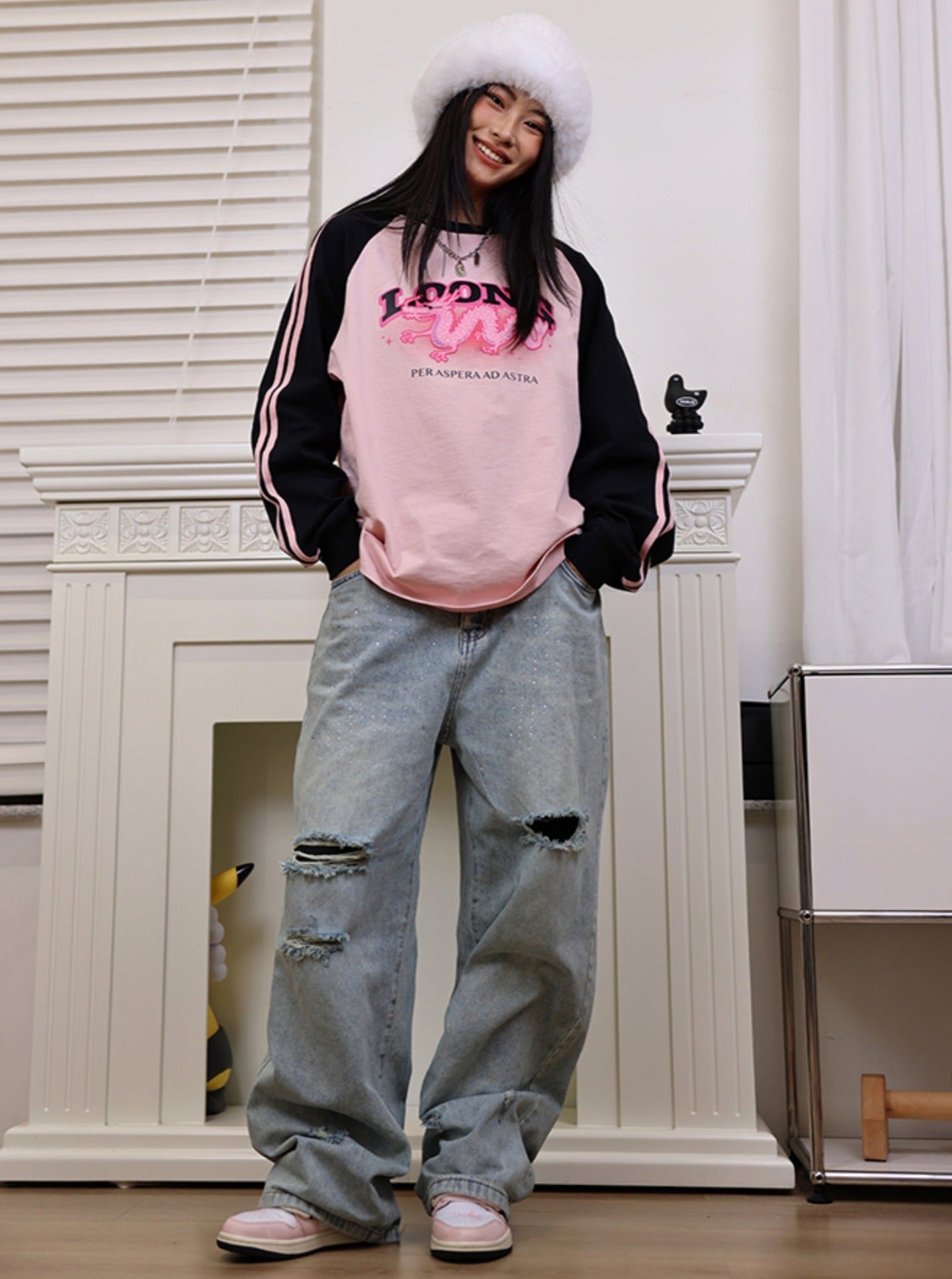 Black Pink Raglan Dragon Sweatshirt