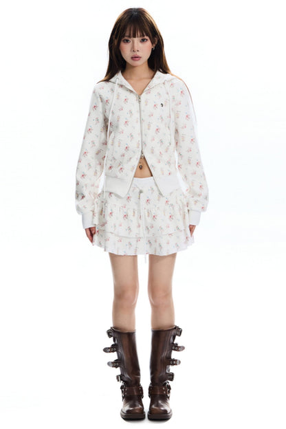 Floral Waffle Hooded Cardigan Jacket