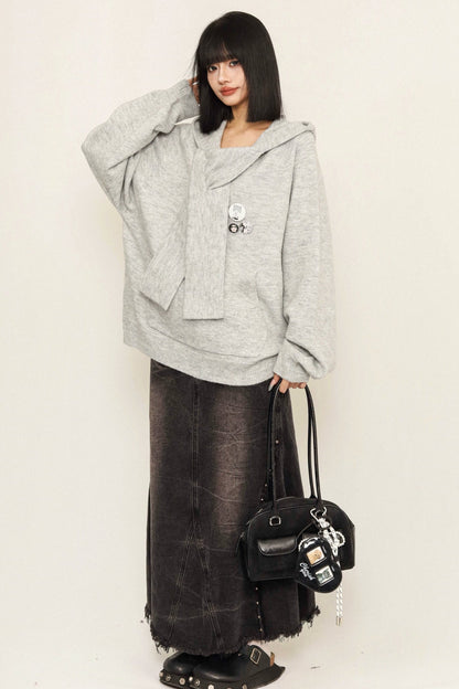 Loose Fit College Style Knitted Hoodie