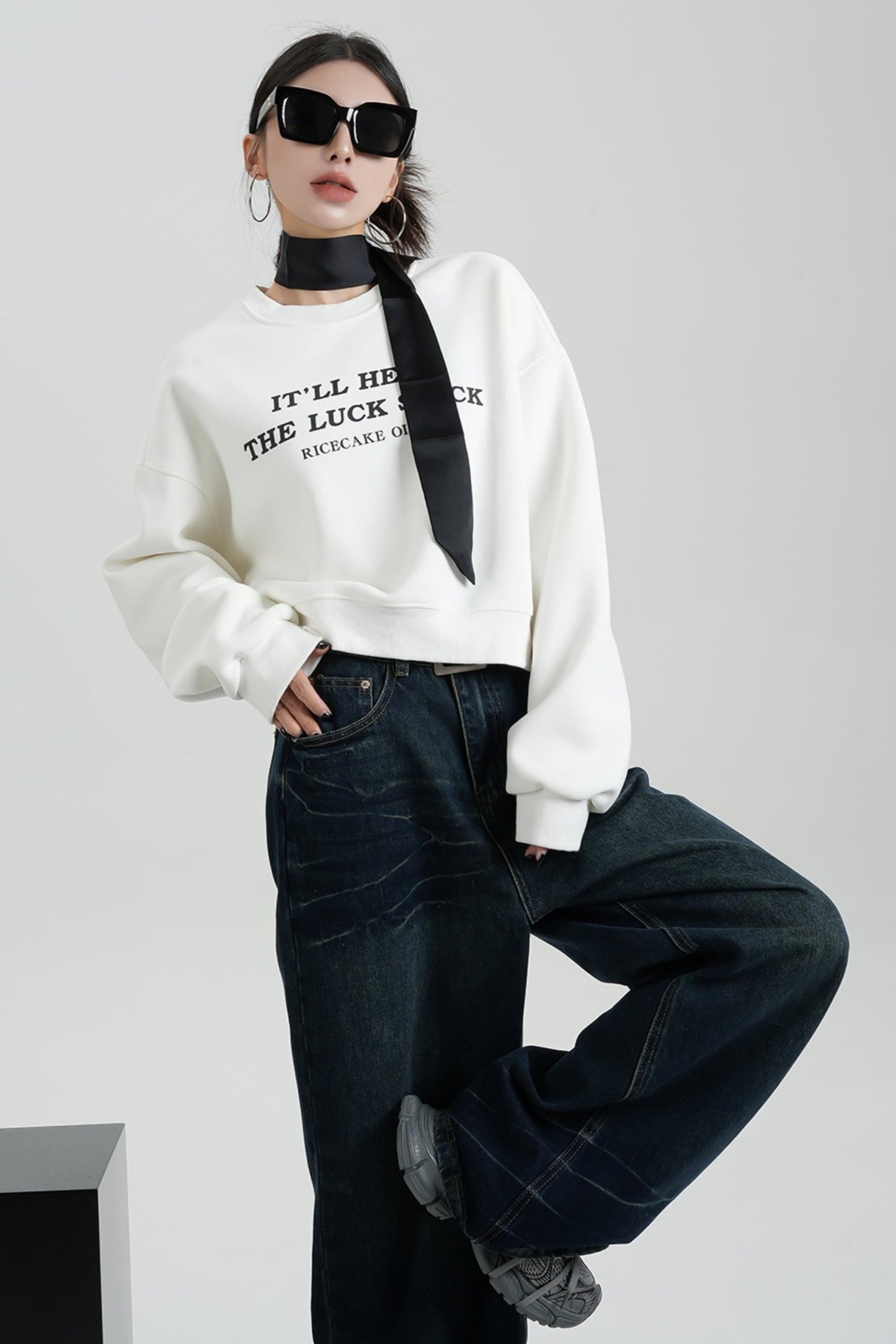 SRYSAME Alphabet Cropped Fleece Rundhalsausschnitt Sweatshirt Langarm Lose Pullover Top Neue Herbst Winter Damenmode